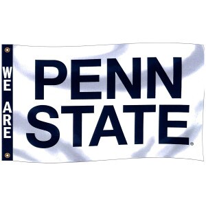 white flag with We Are reversed out of navy header, large navy Penn State